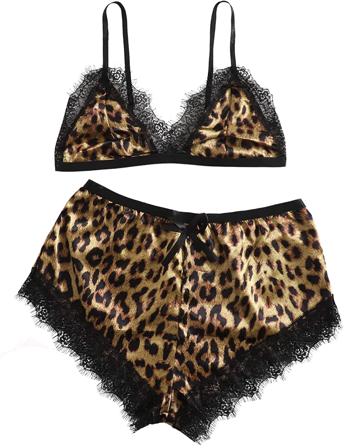 Price:$17.99 Women's Sexy Leopard Print Contrast Lace V Neck Sleeveless Satin Lingerie Set Sleepwear: Clothing, Shoes & Jewelry