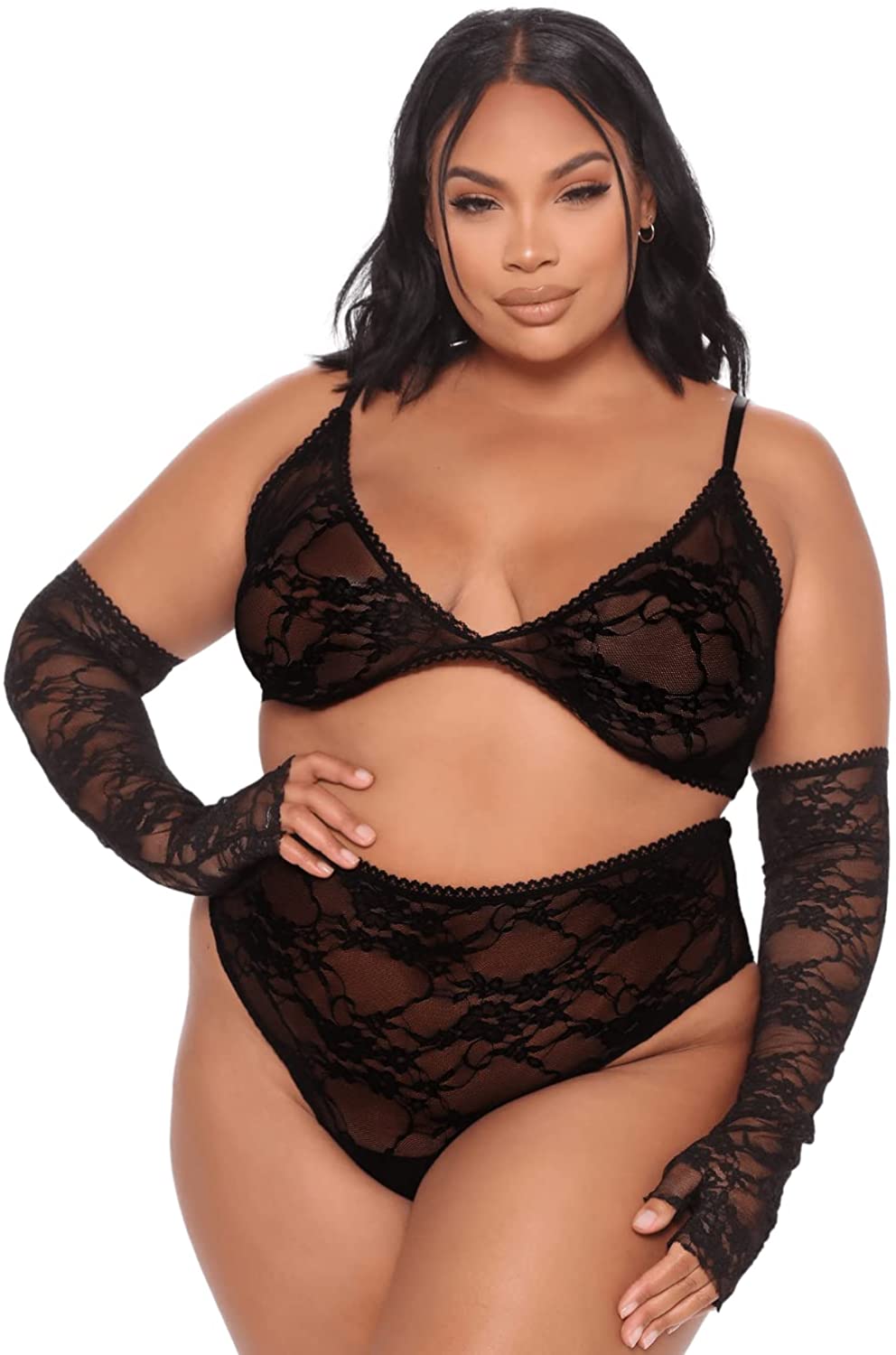 Price:$15.88 Plus Size Lingerie 3 Piece Set, Floral Lace Bra and High Waist Panty Naughty Fingerless Glove: Clothing, Shoes & Jewelry