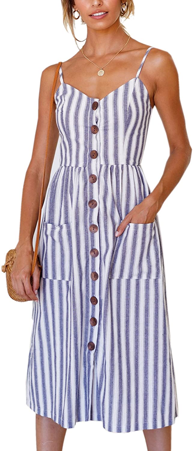 Price:$22.99 Women's Dresses-Summer Floral Bohemian Spaghetti Strap Button Down Swing Midi Dress at Amazon Women’s Clothing store