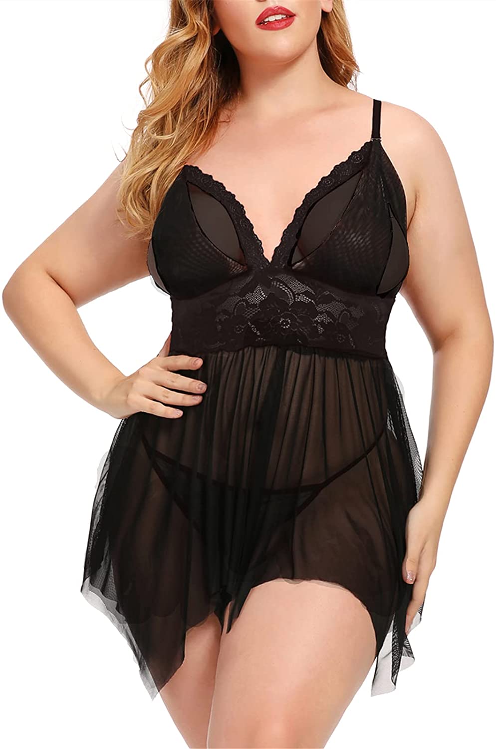 Price:$14.88 Size Lingerie for Women Lace Split Cup Babydoll V Neck Mesh Sexy Chemise Sleepwear : Clothing, Shoes & Jewelry