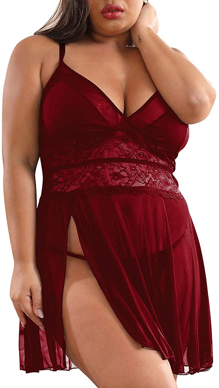 Price:$12.99 Women's Plus Size Lingerie Babydoll Front Slit Lace Mesh Chemise Sleepwear at Amazon Women’s Clothing store