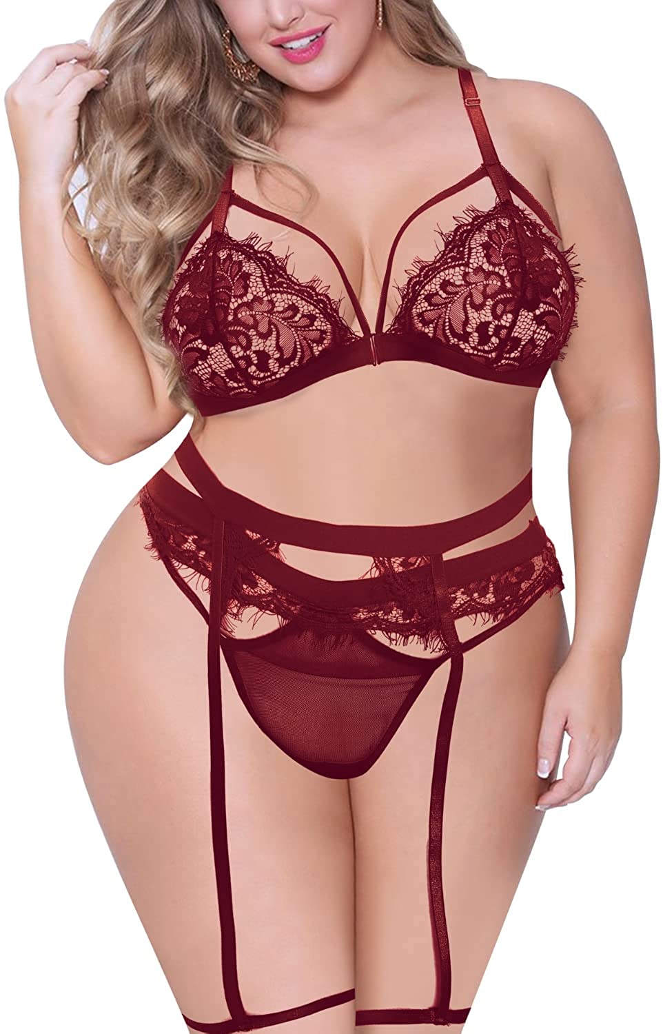 Price:$14.88 Size Sexy Lingerie Sets for Women, Eyelash Floral Lace Strappy Harness bra and Thong Garter Belts 3-Piece underwear: Clothing, Shoes & Jewelry
