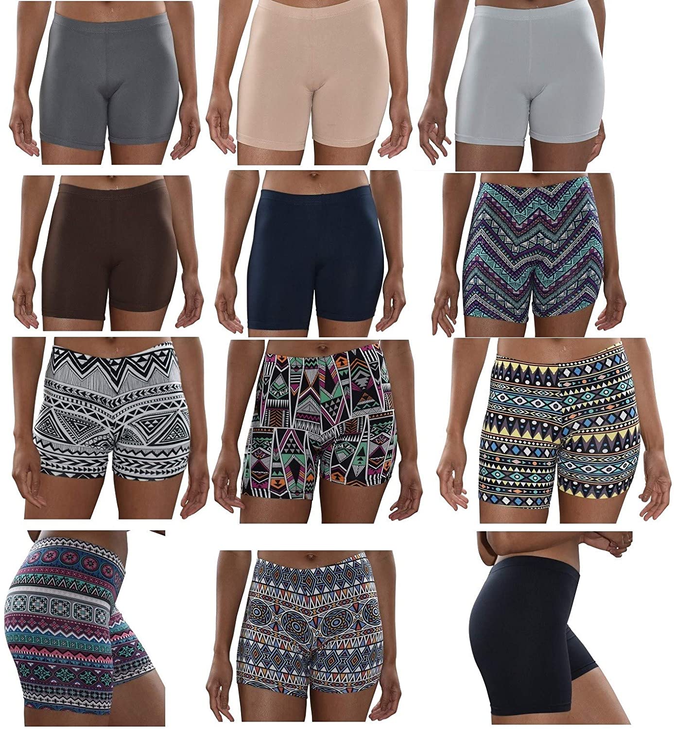 Price:$59.99 Basics Womens 12 Pack Buttery Soft Brushed Active Yoga Stretch Mini -Bike Short Boxer Briefs (12 Pack - CORE Solids & Tribal Prints, XXX-Large) at Amazon Women’s Clothing store
