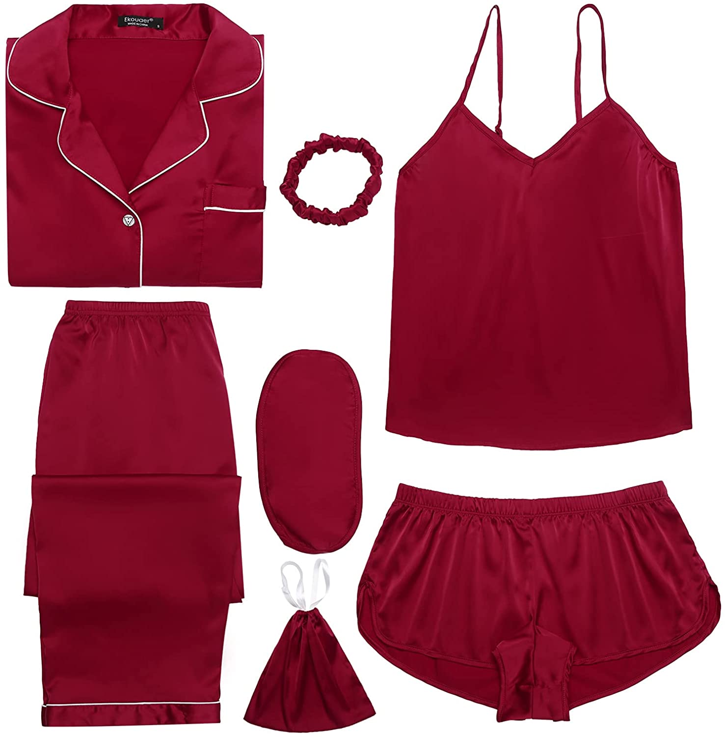Price:$19.99 Silk Pajamas Gift Set Women 7pcs Satin Sleepwear Sexy Camisole Shorts Lingerie/Button Down Long Sleeve Pjs at Amazon Women’s Clothing store