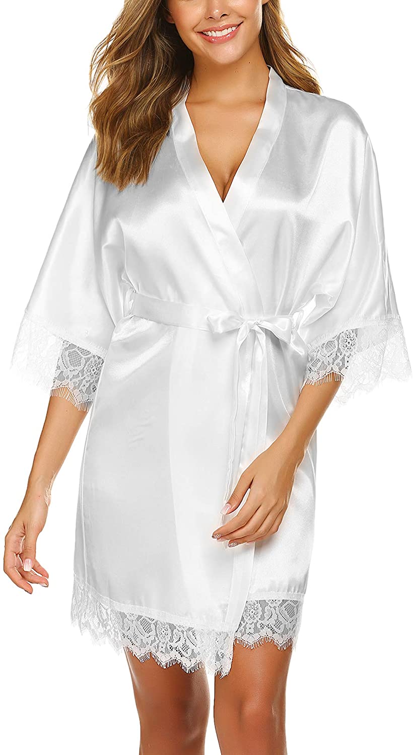 Price:$16.99 Women Satin Kimono Robes Silk Short Bridesmaid Robe Lingerie Dressing Gown S-XXL at Amazon Women’s Clothing store