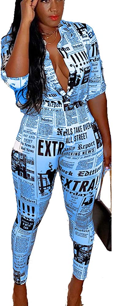 Price:$35.99 Sexy Club Outfits for Women - Two Piece Outfits for Party Club Newspaper Print Shirt Long Pants Tracksuit : Clothing, Shoes & Jewelry