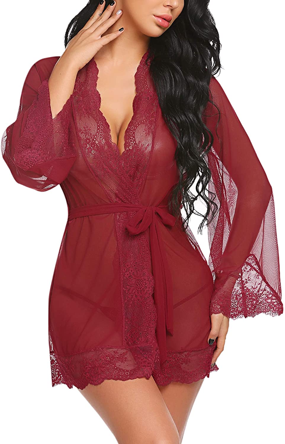 Price:$15.88 Women Lace Kimono Robe Babydoll Sexy Lingerie Mesh Chemise Nightgown Cover Up at Amazon Women’s Clothing store