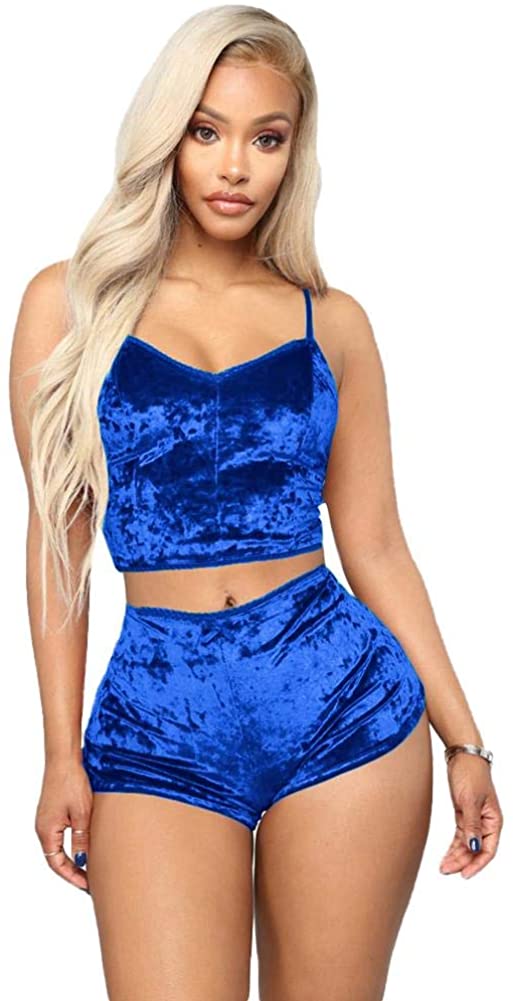 Price:$11.09 Velvet 2 Piece Outfit Spaghetti Strap Sleeveless Crop Top Camisole and Shorts Pajamas Set Sleepwear Nightwear at Amazon Women’s Clothing store