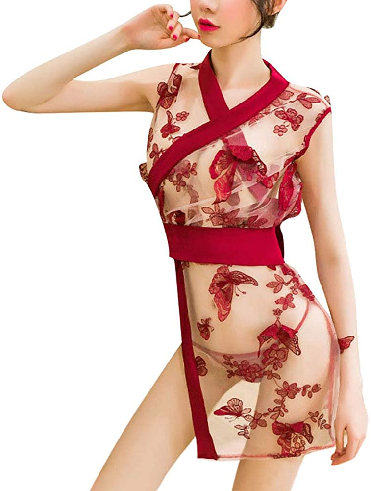 Price:$19.80 Butterfly Embroidered Ultra Sheer Short Kimono Robe Sexy Lingerie Sleeveless See Through Side Slit Nighties Bedroom Costume (420# Red): Clothing, Shoes & Jewelry