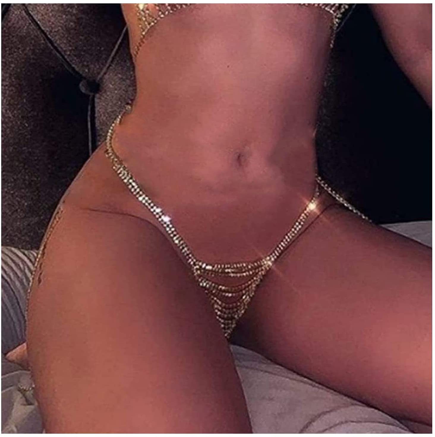 Price:$13.49 Rhinstone Underwear Thong Panties Crystal Body Chain Jewelry Bikini Crystal Belly Waist Body Chain for Women (Gold) : Clothing, Shoes & Jewelry