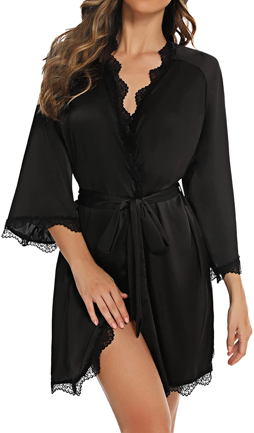 Price:$15.99 Womens Robe Kimono Short Satin Lace-Trim 3/4 Sleeve Lightweight Pure Color Bridesmaid Robes Lingerie Sleepwear at Amazon Women’s Clothing store