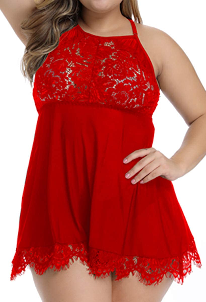 Price:$14.99 Plus Size Lingerie Babydoll Lace Floral Halter Sleepwear Set High Neck Chemise at Amazon Women’s Clothing store