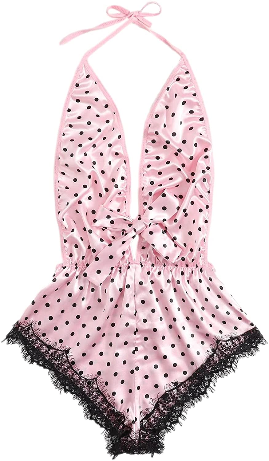 Price:$9.99 Sexy Halter Backless Plunge Romper Pajamas Women Tie Kont Front Satin Lace Teddy Lingerie: Clothing, Shoes & Jewelry