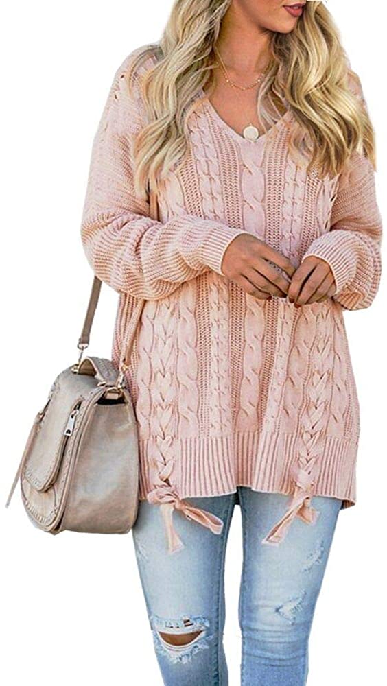 Price:$31.99 Pullover Sweaters Plus Size Cable Knit V Neck Lace Up Long Sleeve Fall Jumper Tops at Amazon Women’s Clothing store