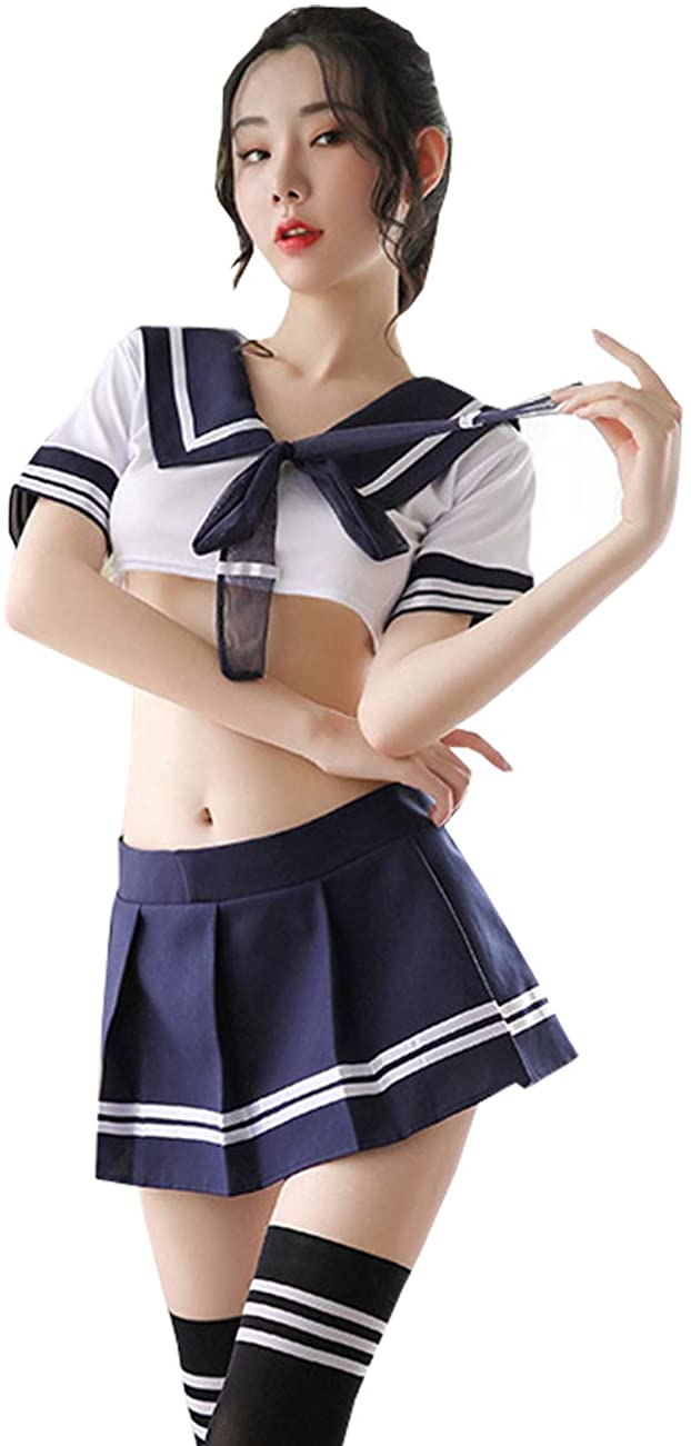 Price:$17.99 School Girl Lingerie Outfit Cosplay Sailor Suit Costumes Tie Top Mini Skirt with Stocking Navy Blue : Clothing, Shoes & Jewelry