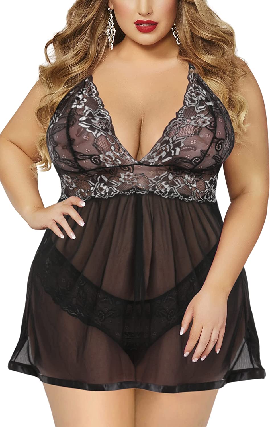 Price:$10.99 Plus Size Lingerie Set Lace Babydoll Sleepwear Nightgown at Amazon Women’s Clothing store