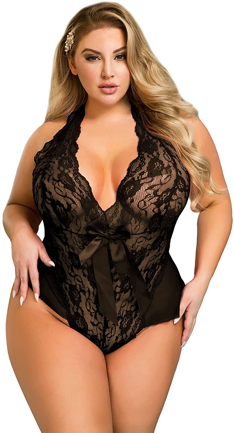 Price:$13.99 One Piece Open Back Halter Plunging Teddy Lingerie Lace Bodysuit Plus Size Babydoll Clubwear: Clothing, Shoes & Jewelry