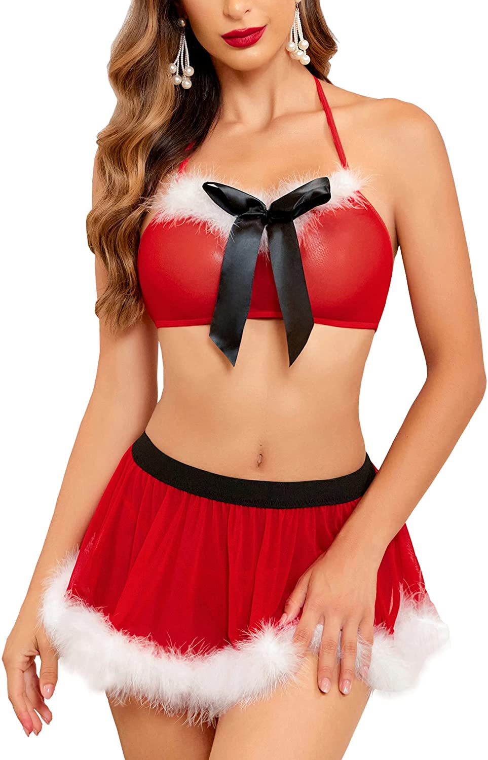 Price:$19.99 Women Christmas Lingerie Sexy Set Halter Bra and Mesh Skirt 3 Pieces Santa Lingerie Set Red S: Clothing, Shoes & Jewelry