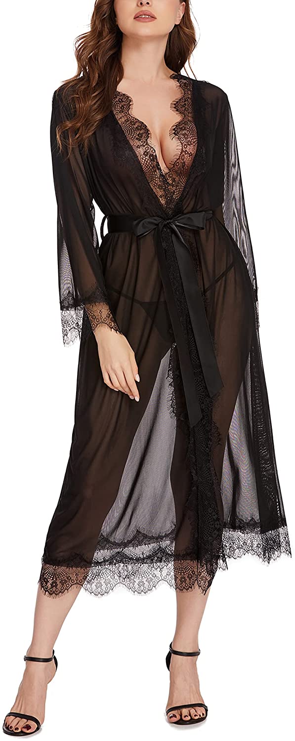 Price:$19.97 Lingerie for Women Sexy Long Lace Kimono Robe Mesh Babydoll Nightgown Nightdress: Clothing, Shoes & Jewelry