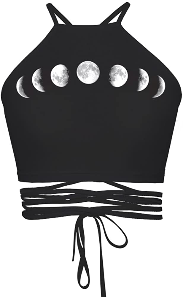 Price:$15.49 Women's Printed Lace Up Halter Cross Hollow Boho Bandage Camis Crop Top at Amazon Women’s Clothing store