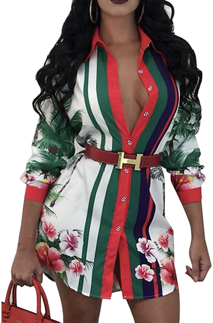 Price:$14.51 Sexy Button Down Shirts Color Block Long Sleeve Collar Loose T-Shirt Blouse Tops Mini Dress at Amazon Women’s Clothing store