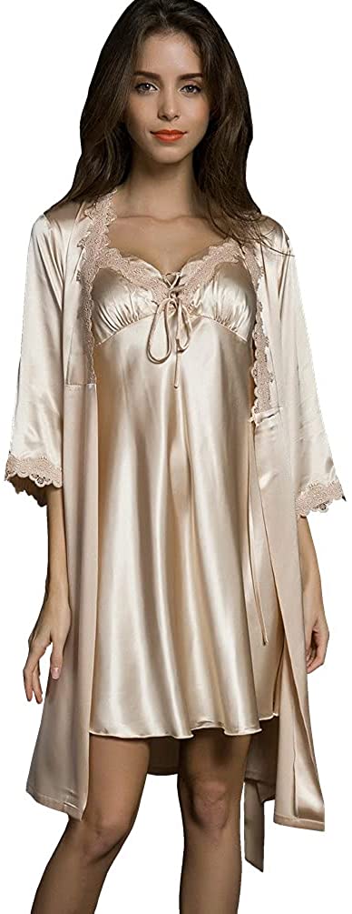 Price:$26.99 Women Sexy Silk Satin Robe Camisole Pajama Dress 2 Piece Suit Sleepwear Best Gift for Girls at Amazon Women’s Clothing store