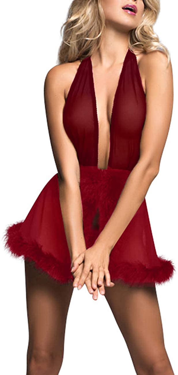 Price:$15.99 for Women Sheer Mesh Babydoll Backless Halter Front Closure Nightwear Sexy Chemise Deep V Sleepwear at Amazon Women’s Clothing store