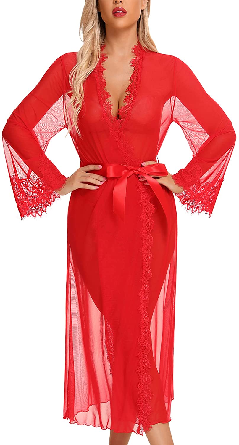 Price:$18.99 Lingerie for Women Sexy Long Lace Kimono Robe Mesh Chemise Lace Gown Swimsuit Cover Up at Amazon Women’s Clothing store
