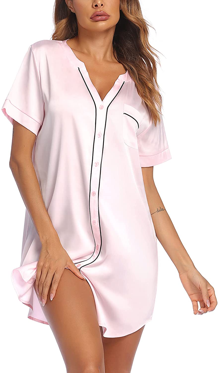 Price:$17.99 Women’s Silk Satin Nightgowns Sexy Sleepshirt Button Down Sleep Dress Short Sleeve Nightshirt V-Neck Sleepwear at Amazon Women’s Clothing store