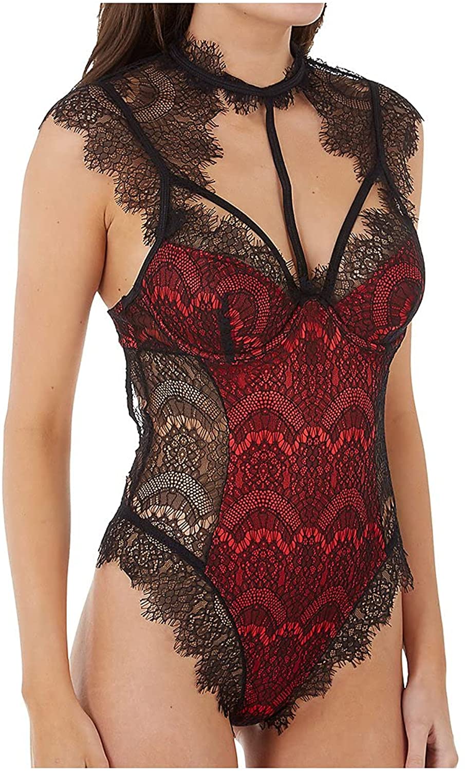 Price:$31.49 womens Teddy Bodysuit Lingerie With Contrast Lace Overlay: Clothing, Shoes & Jewelry