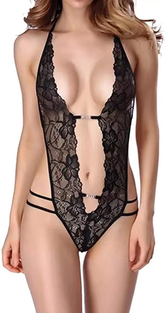 Price:$5.98 Sexy Lace Bodysuit with deep V one piece backless sexy lingerie Black Lace Sheer Lingerie at Amazon Women’s Clothing store
