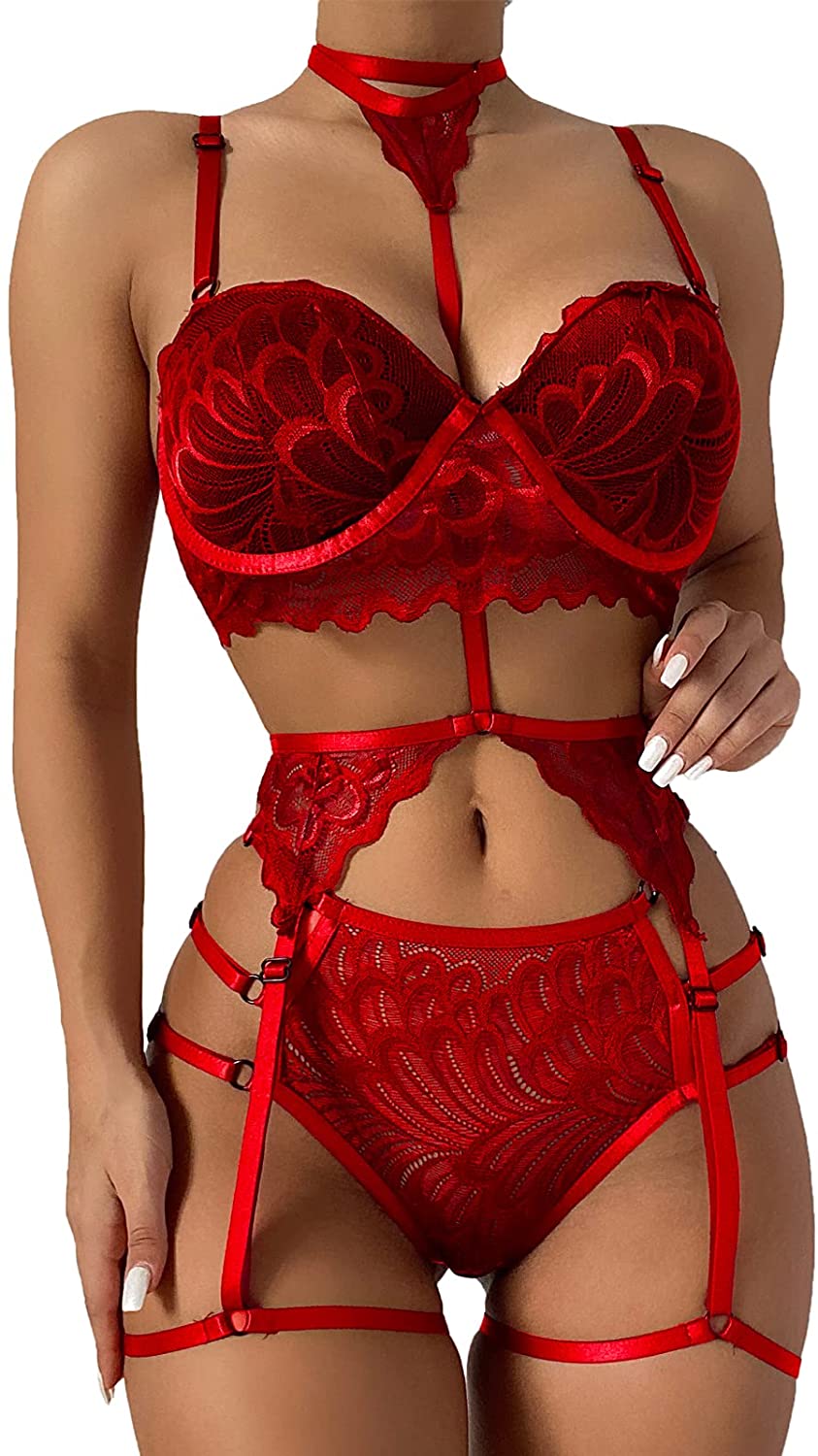 Price:$20.99 GEE Women's Scallop Trim Lace Garter Lingerie Set with Removable Choker Bra and Panty Strappy Babydoll S-XL | Amazon.com