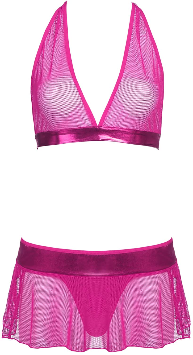 Price:$16.99 Women Lingerie Set 3 Pieces Halter Top and Mini Skirt with G-String Lace Mesh Babydoll: Clothing, Shoes & Jewelry