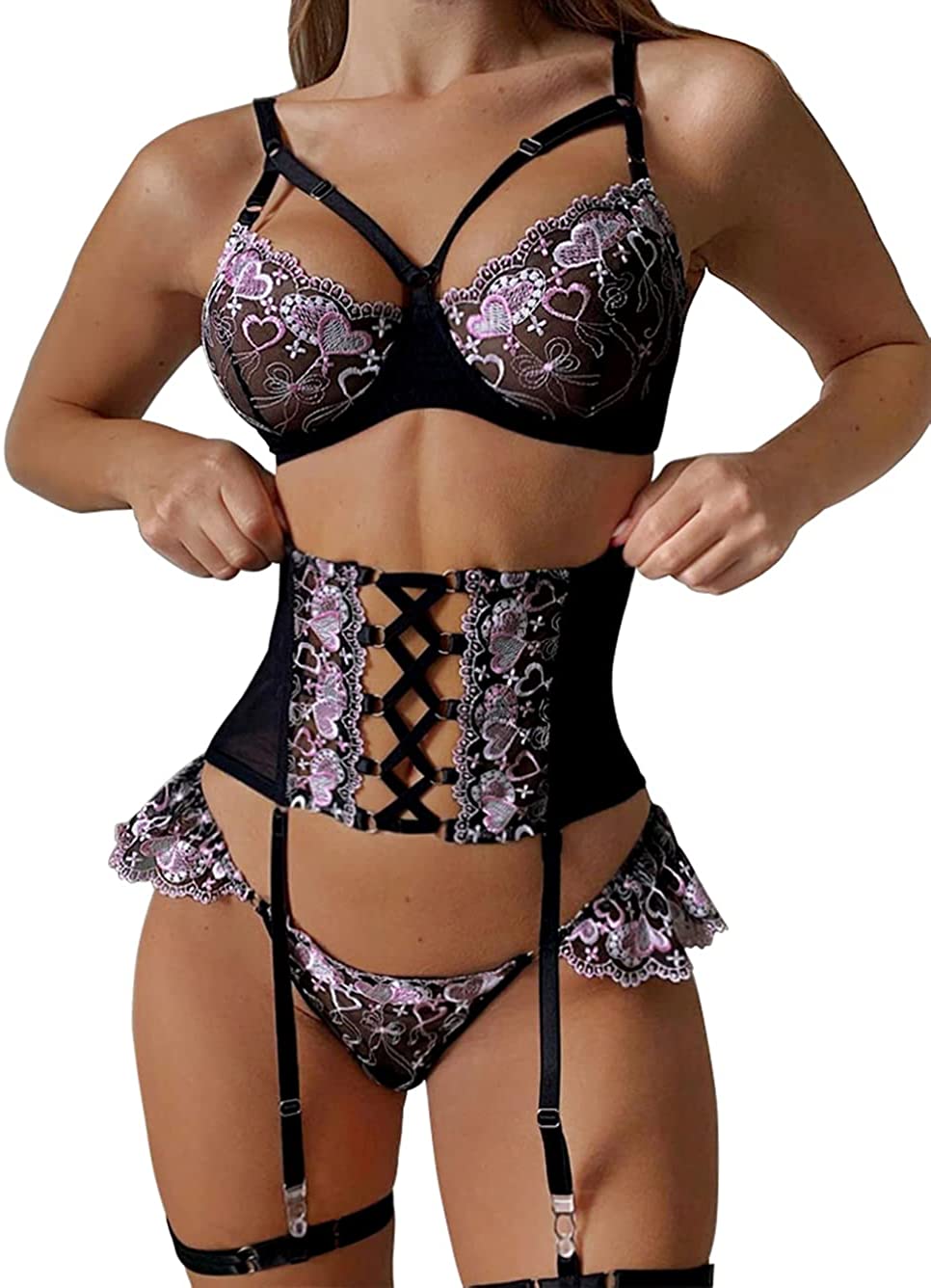 Price:$17.99 Heart Embroidered Mesh Sheer,Underwire,High Waisted Cincher,3 Pieces Garter Lingerie Set: Clothing, Shoes & Jewelry