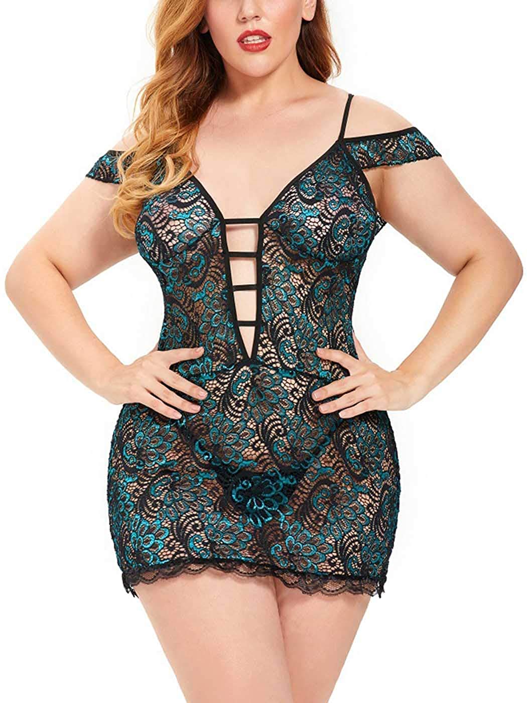 Price:$17.66 Women Plus Size Lingerie Floral Lace Babydoll Stretch Mesh Chemise Halter Nightwear at Amazon Women’s Clothing store