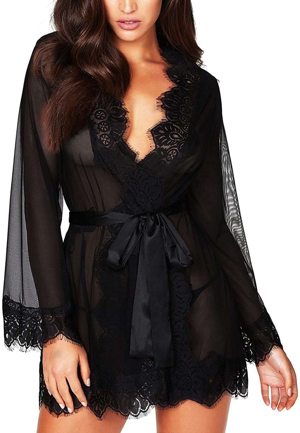 Price:$15.99 Women Lace Kimono Robe Sexy Babydoll Lingerie Mesh Cover Up Bridal Lingerie at Amazon Women’s Clothing store