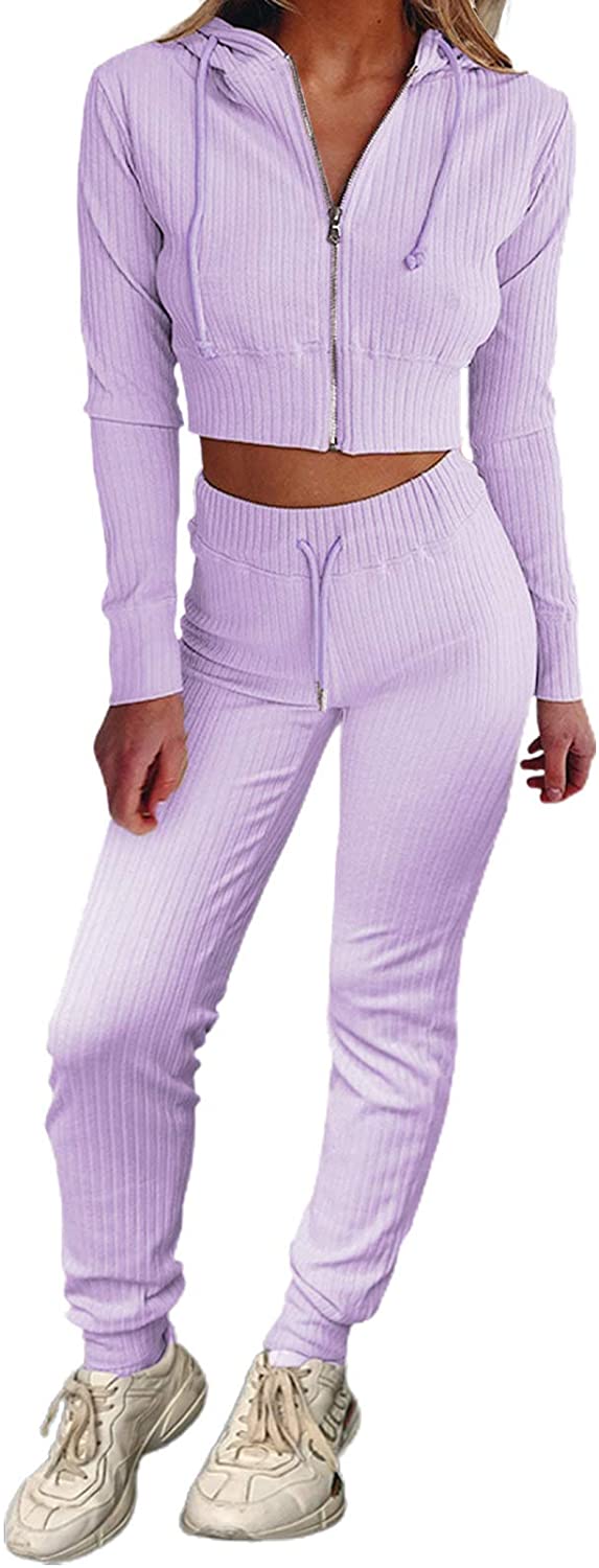 Price:$35.99 Womens Two Piece Outfits Sets Solid Ribbed Zipper Crop Tops Hoodie Sweatsuits Sport Workout Fitness Active Tracksuits at Amazon Women’s Clothing store