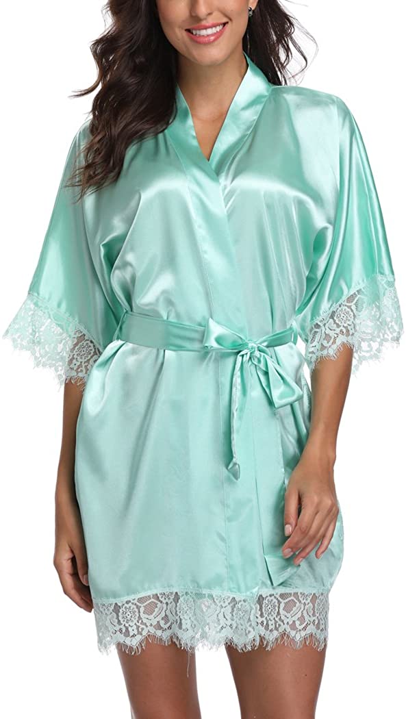 Price:$9.99 Satin Kimono Robes Women Pure Color Bridemaids Bath Robe with Lace Trim at Amazon Women’s Clothing store