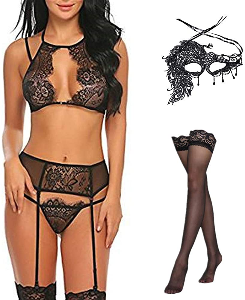 Price:$13.99 Lace Lingerie Set with Garter Belts Lace Teddy Babydoll Bodysuit at Amazon Women’s Clothing store