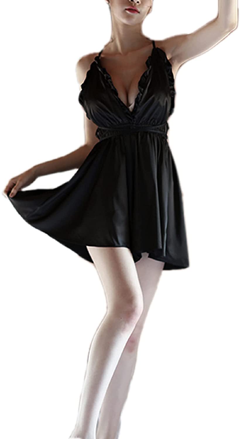 Price:$9.79 Women Lingerie Satin Nightdress Babydoll One Piece Halter Pajamas Deep V Nightwear Stain Babydoll Dress Plus Size (Black, One Size) at Amazon Women’s Clothing store