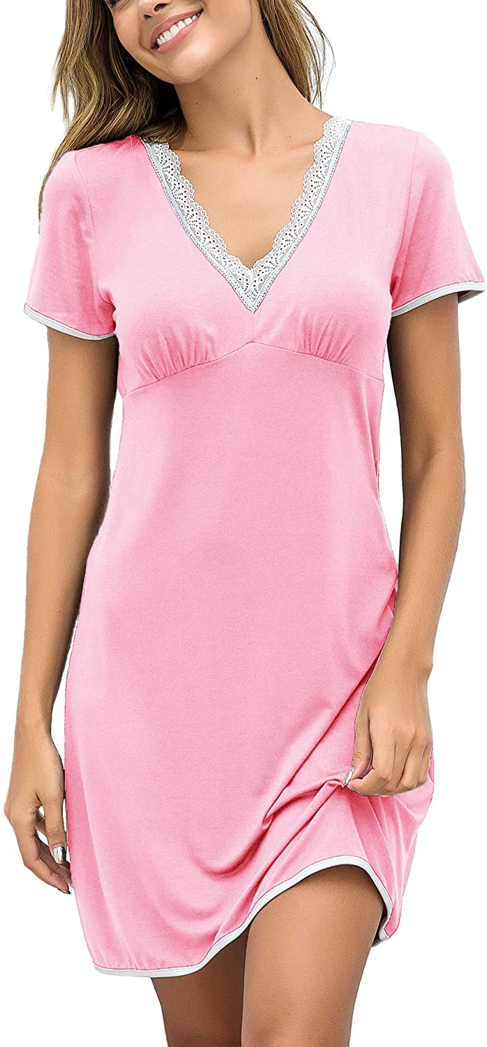 Price:$20.99 Night Shirts Women Nightgowns Sexy Sleep Shirts Lace Trim V Neck Short Sleeve Night Sleepwear Soft Nightshirt S-XXL at Amazon Women’s Clothing store