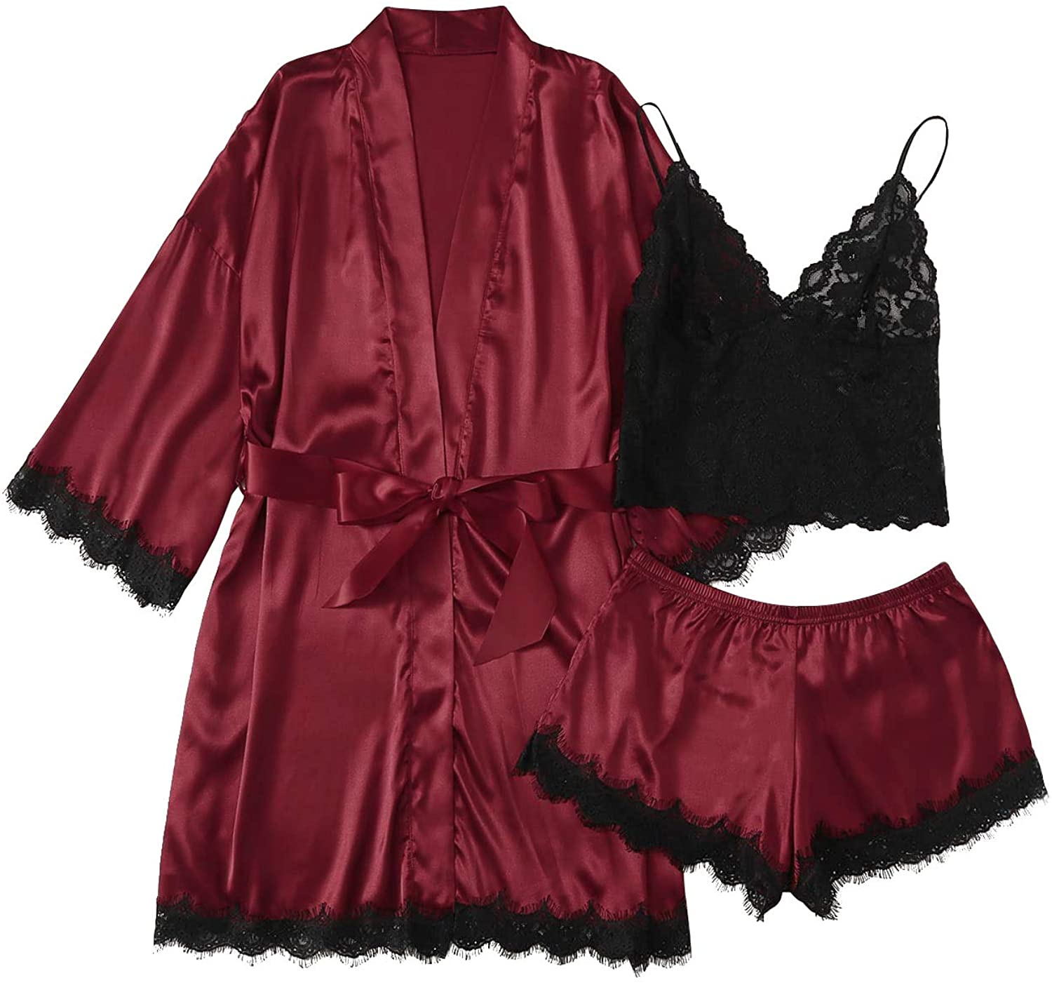 Price:$19.99 Women's Lace Cami Top and Shorts Satin Silk Lingerie Set with Robe Pajamas Sleepwear at Amazon Women’s Clothing store