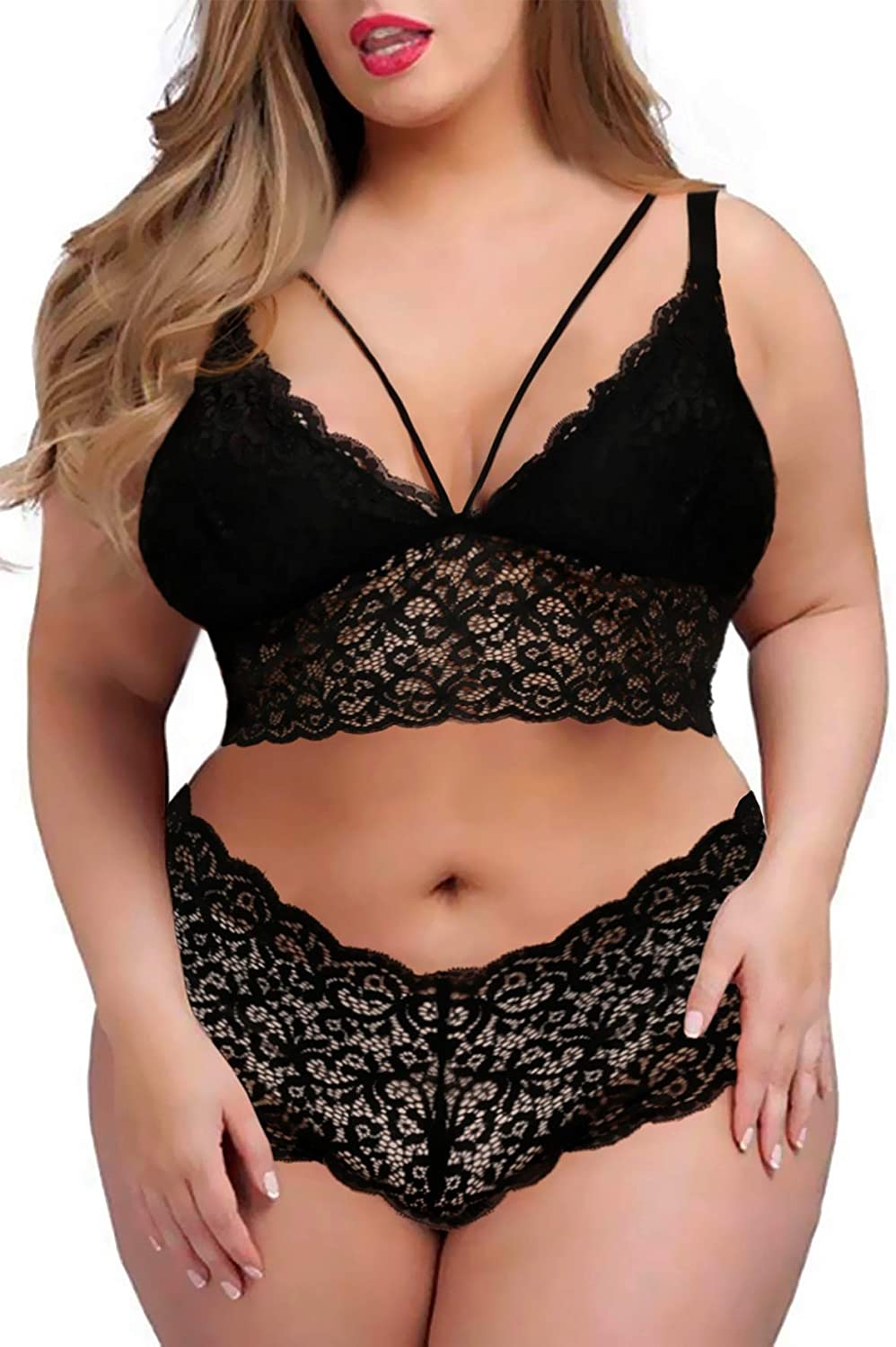 Price:$16.99 Size Lingerie Set for Women, Sexy Strappy Bra and Panty 2 Piece Sheer Lace Underwear Set: Clothing, Shoes & Jewelry
