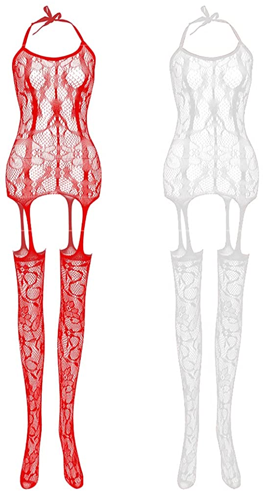 Price:$9.98 2 PCS Lace Jacquard Fishnet Lingerie Teddy Babydoll Perspective Suspender Bodysuit Sleepwear for Women: Clothing, Shoes & Jewelry