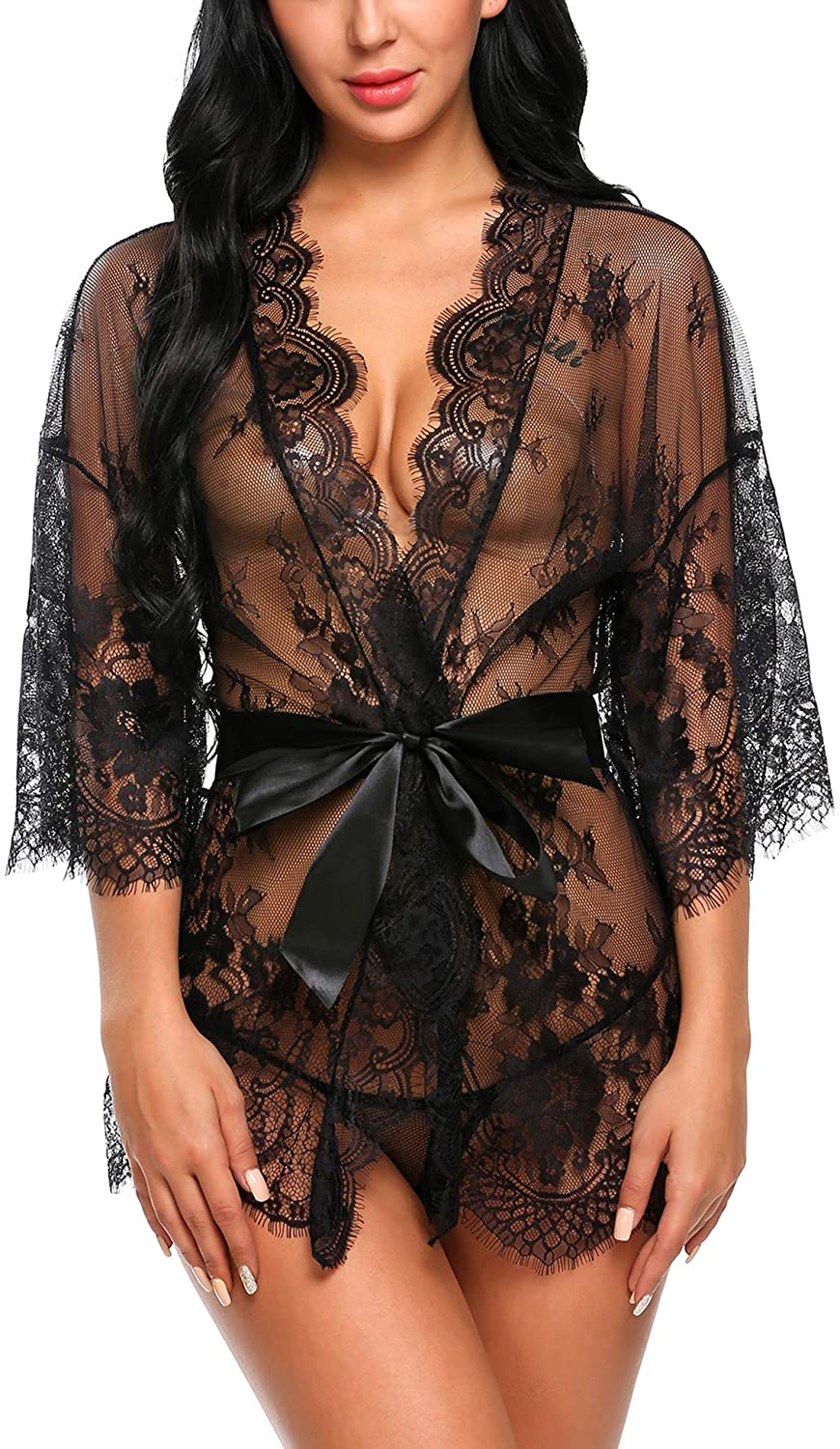 Price:$7.99 Women's Lace Kimono Robe Babydoll Lingerie Mesh Nightgown S-5XL at Amazon Women’s Clothing store