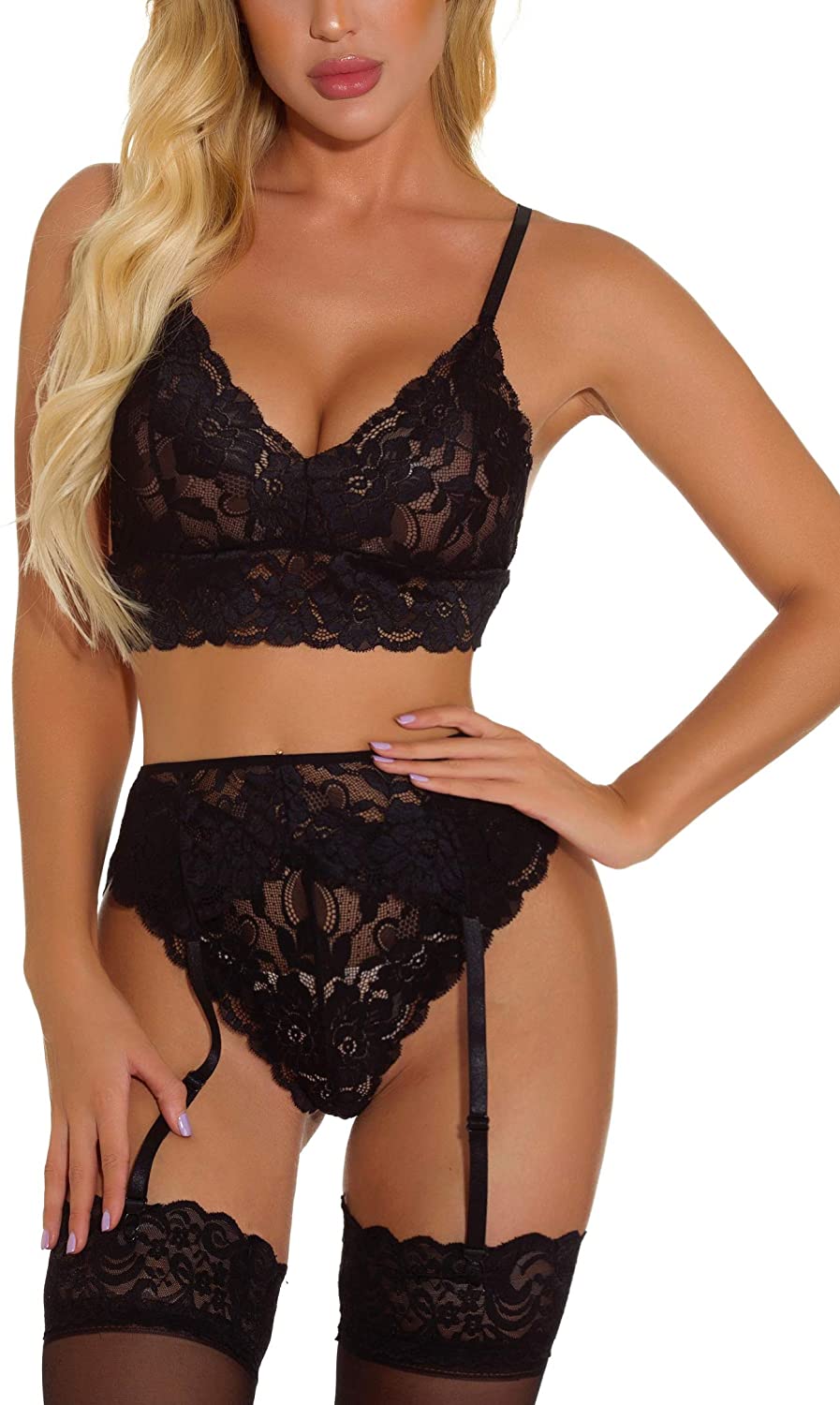 Price:$17.99 Exotic Lingerie Set with Garter Belt Woman Lace Bra and Panty Sets Womens Sexy 3 Pieces Underwear: Clothing, Shoes & Jewelry