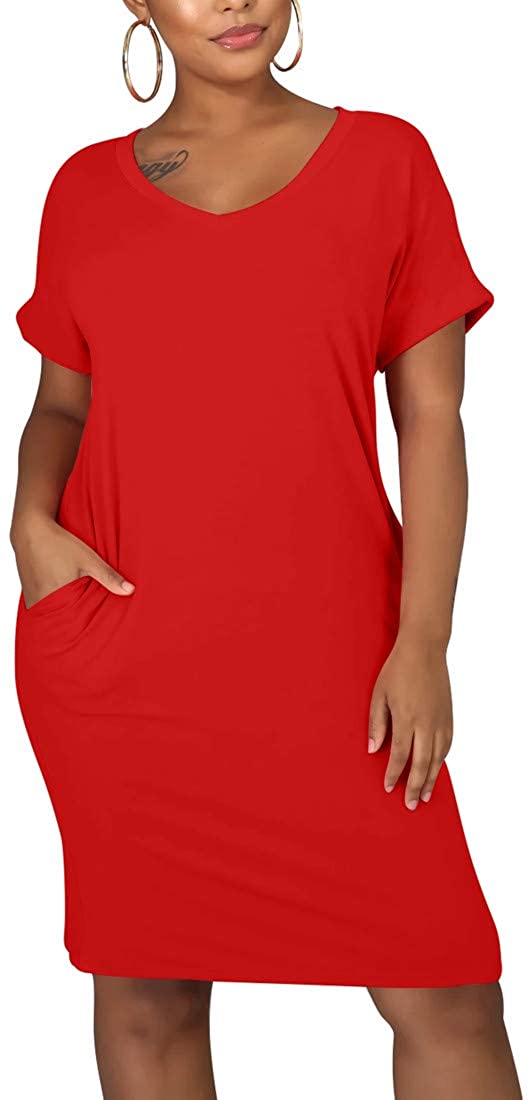 Price:$18.99 Women's Summer V Neck Short Sleeve Midi Tshirt Dresses Casual Tunic Dress with Pockets at Amazon Women’s Clothing store