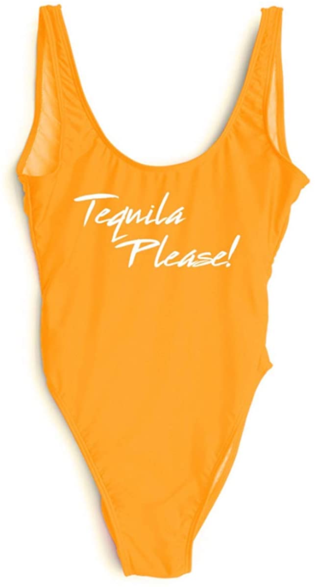 Price:$16.66 Womens Tequila Please Letter Print Swimsuit High Cut Backless One Piece Bathing Suit Monokini at Amazon Women’s Clothing store