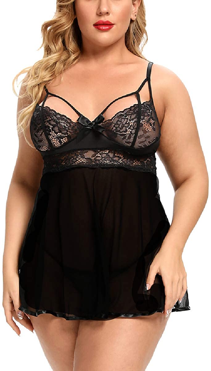 Price:$13.88 Plus Size Lingerie for Women Exposed Lace Trim Babydoll Chemise Nightie Sleepwear at Amazon Women’s Clothing store