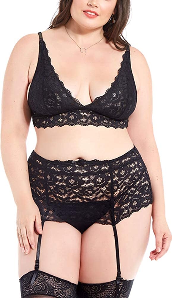 Price:$16.88 Lust Plus Size Lingerie Set for Women Sexy Floral Lace Bra & High Waist Garter Belt with Thong 3 Piece: Clothing, Shoes & Jewelry